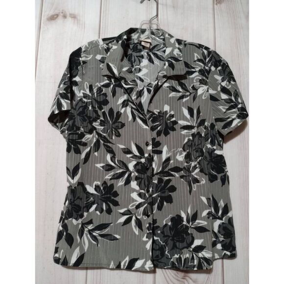 Covington Shirt Ladies Large Petite Button Front Short Sleeve Gray Black Floral - Picture 1 of 9